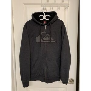 Quicksilver Hoodie Mens XL Gray Sherpa Fleece Lined Big Logo Skater Grunge Y2K